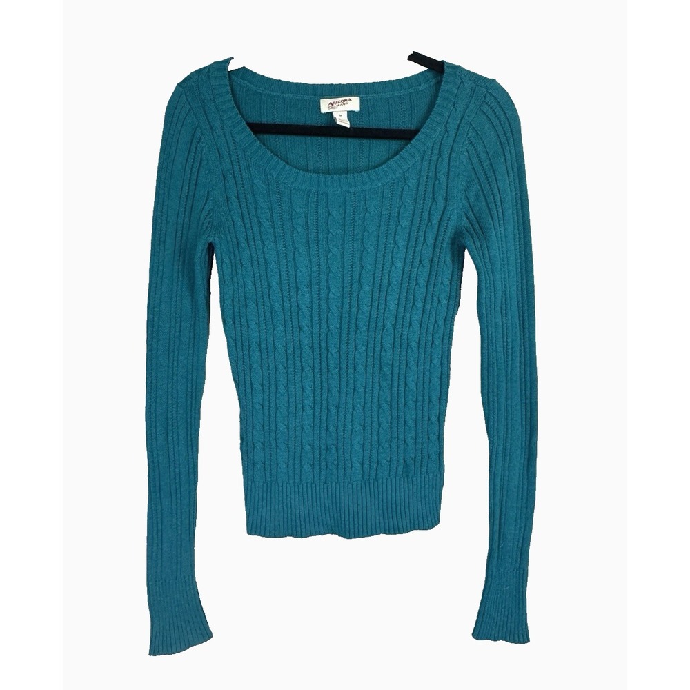 VTG Y2K Arizona Womens Medium Teal Scoop Cable Knit Sweater Fisherman Preppy 90s